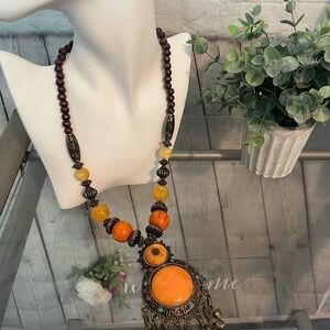 Tribal Orange Yellow Wooden Beaded Necklace Jewelry